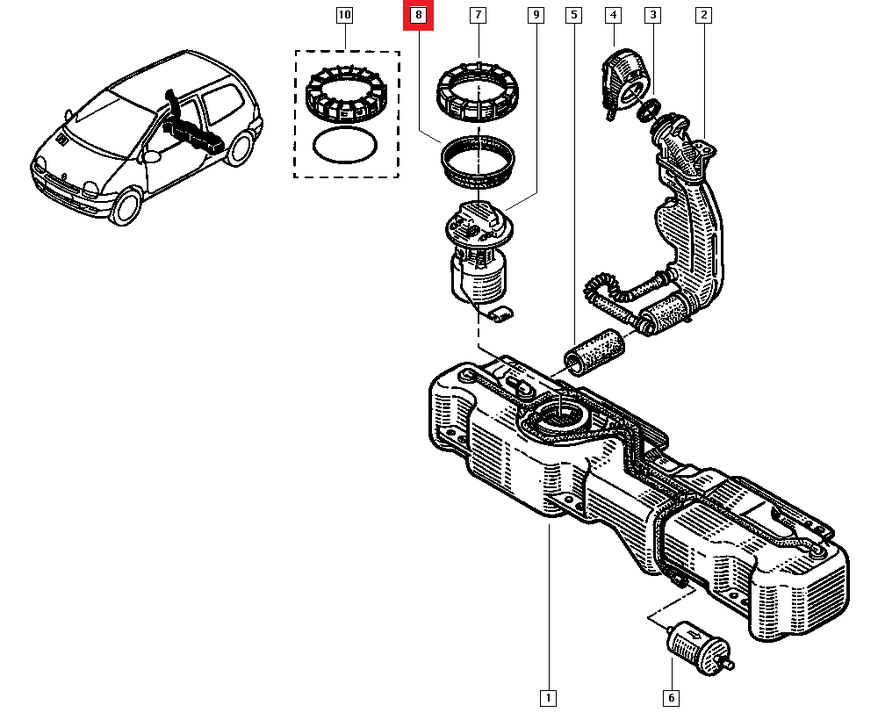 Explosionszeichnung Tank Renault Twingo 1 mit Dichtung der Benzinpumpe / exploded view of the Renault Twingo 1 fuel tank with fuel pump seal