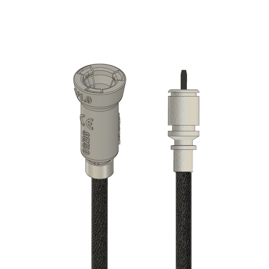 CAD-Ansicht der mechanischen Tachowelle ohne Sensor – tachoseitiger und getriebeseitiger Anschluss