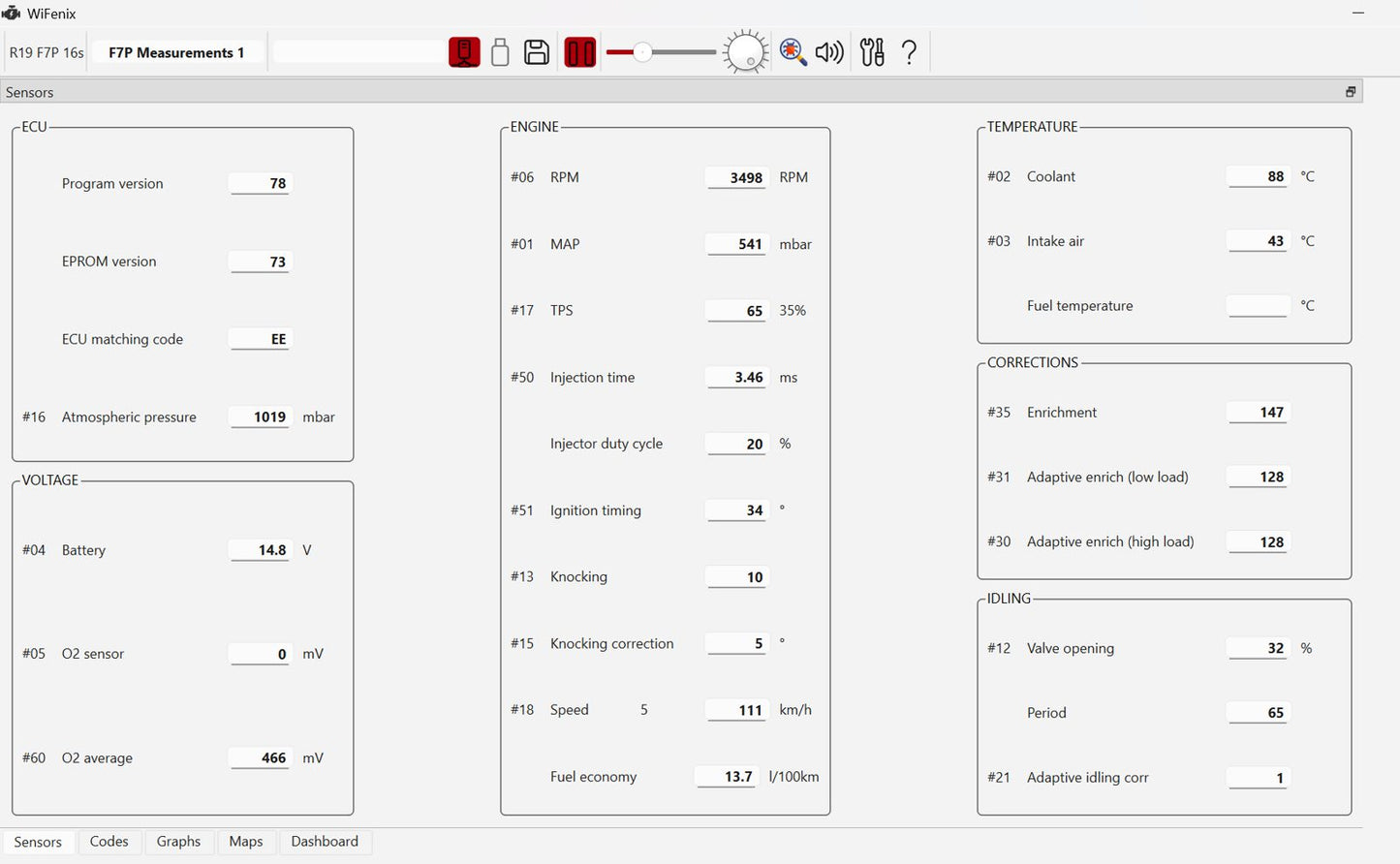 WiFENIX Software – Sensoransicht mit ECU-, Motor- und Temperaturwerten